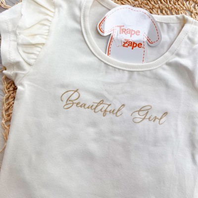 Conj. Blusa Beautiful Girl e Short Saia Corações - Off White e Salmão